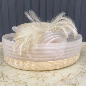 Sandra New York Ivory Straw Church Hat with Feathers & Organza Rosette, Medium